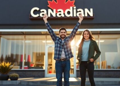 Inmigrantes celebrando inicio de negocio en Canadá.