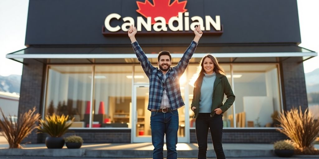 Inmigrantes celebrando inicio de negocio en Canadá.