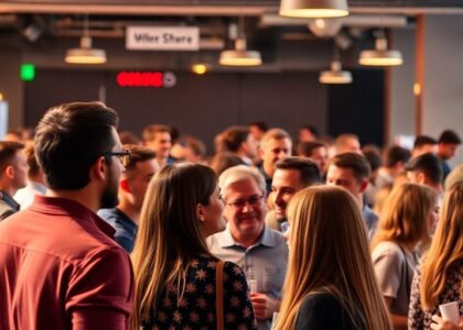 Personas conectando en un evento de emprendimiento latino en Canadá.
