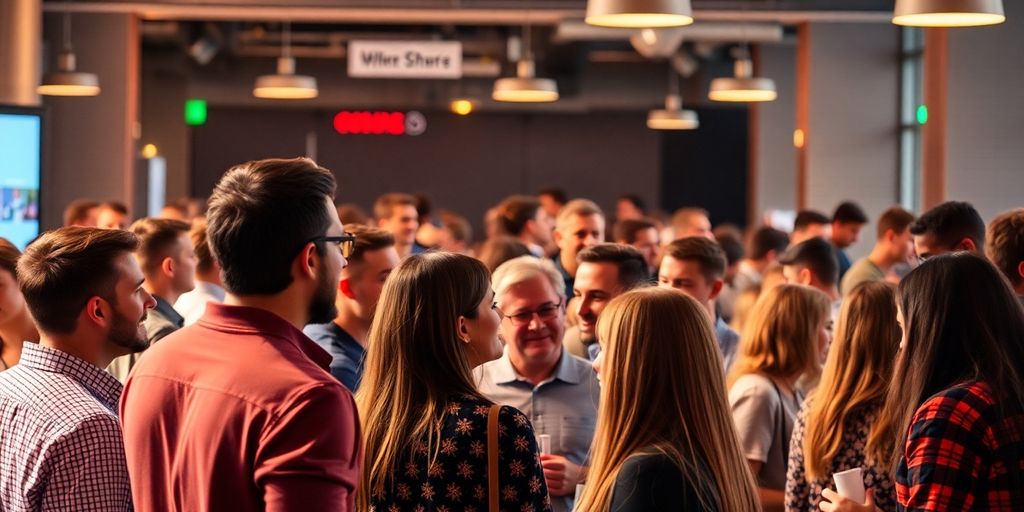 Personas conectando en un evento de emprendimiento latino en Canadá.
