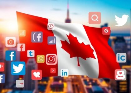 Bandera canadiense e íconos de redes sociales.