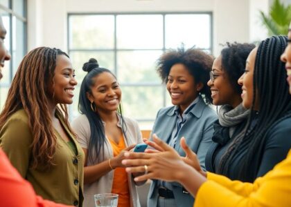 Personas diversas conectando en un entorno profesional.