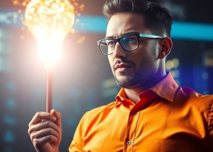 Emprendedor exitoso con una idea brillante iluminando su negocio.