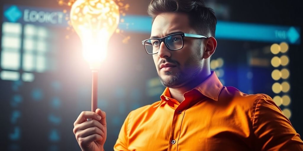 Emprendedor exitoso con una idea brillante iluminando su negocio.