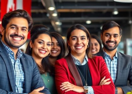 Emprendedores latinos sonriendo en Canadá.
