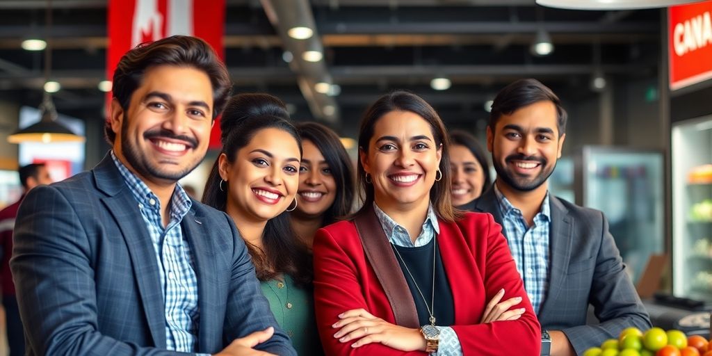Emprendedores latinos sonriendo en Canadá.