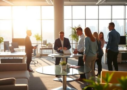 Profesionales trabajando en oficinas modernas.