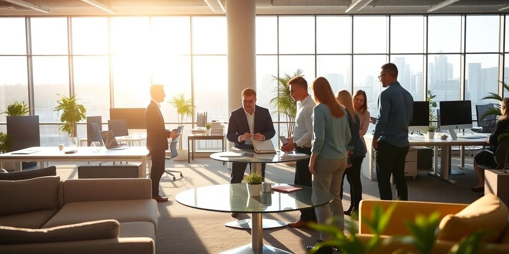 Profesionales trabajando en oficinas modernas.
