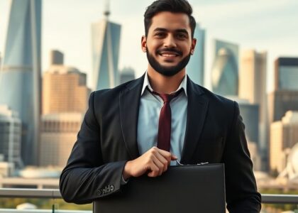 Emprendedor inmigrante en un paisaje canadiense moderno.
