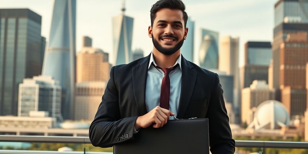 Emprendedor inmigrante en un paisaje canadiense moderno.