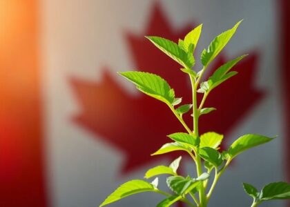 Planta creciendo con bandera canadiense al fondo.