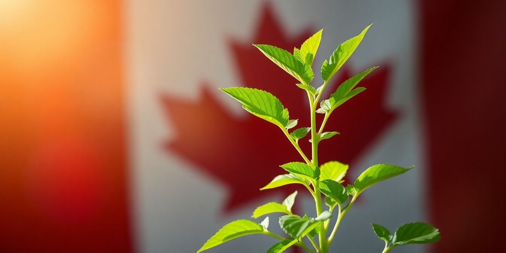 Planta creciendo con bandera canadiense al fondo.