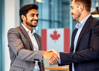 Inmigrante sonriendo estrechando manos en oficina canadiense.