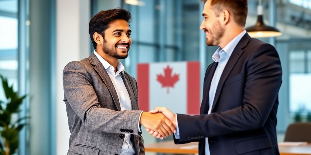 Inmigrante sonriendo estrechando manos en oficina canadiense.