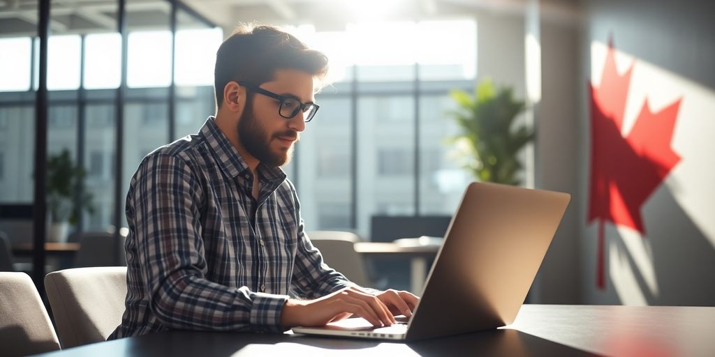 Emprendedor canadiense trabajando en su startup.