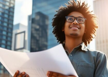 Inmigrante sonriendo, trabajando en startup canadiense.