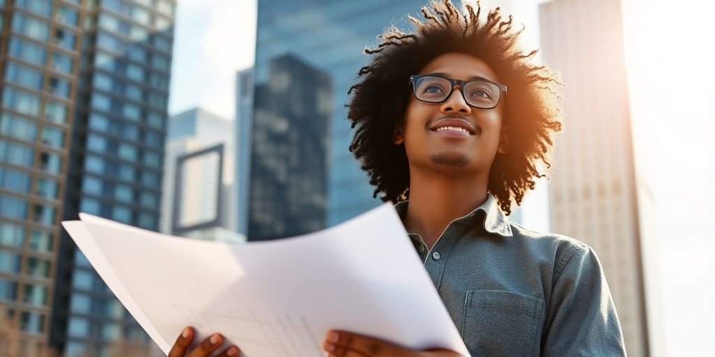 Inmigrante sonriendo, trabajando en startup canadiense.