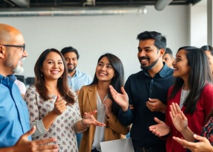 Emprendedores hispanos conectando en un evento de networking.