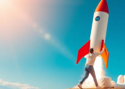 Emprendedor trabajando con un cohete de crecimiento.