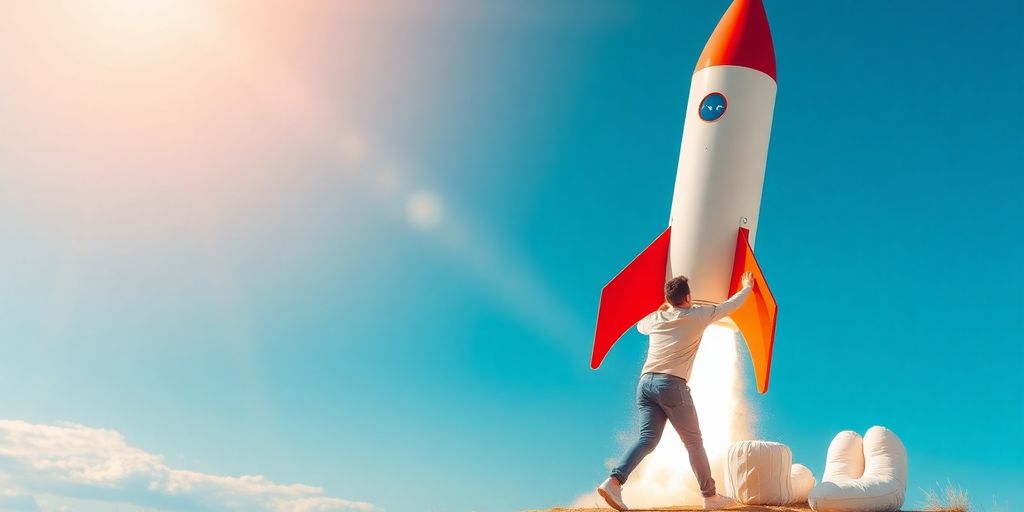 Emprendedor trabajando con un cohete de crecimiento.