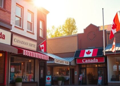 Negocio canadiense próspero con tiendas coloridas.