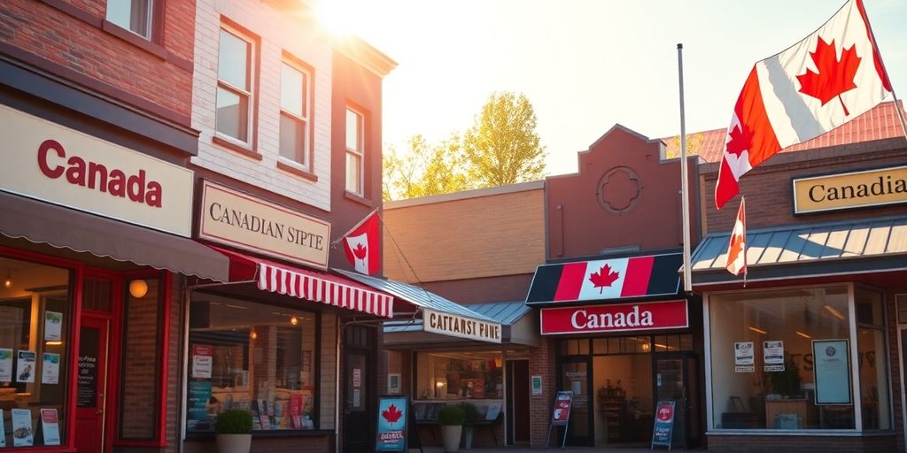 Negocio canadiense próspero con tiendas coloridas.