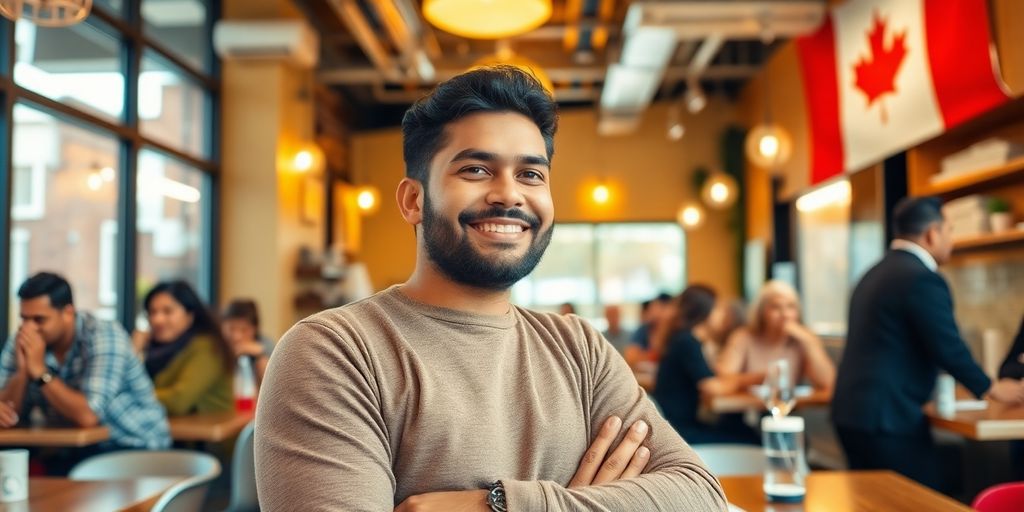 Próspero inmigrante trabajando en un negocio canadiense.