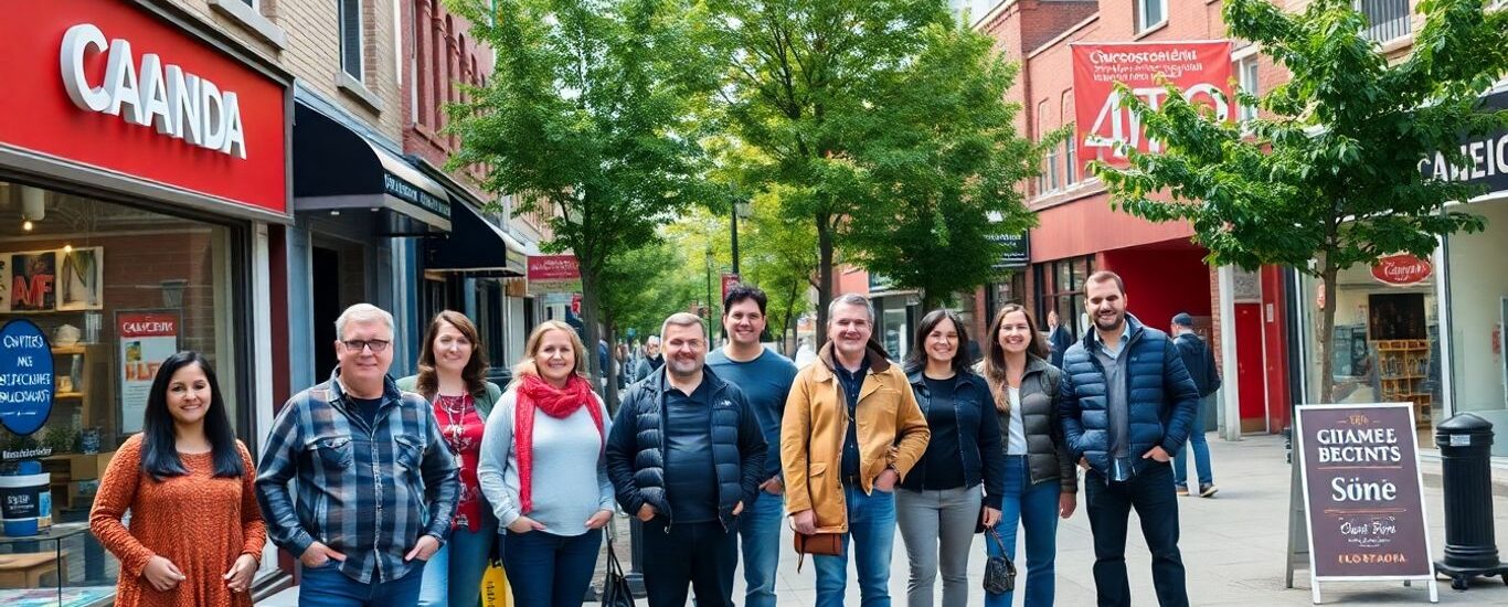 Dueños de negocios pequeños canadienses afuera de sus tiendas.