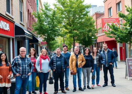 Dueños de negocios pequeños canadienses afuera de sus tiendas.