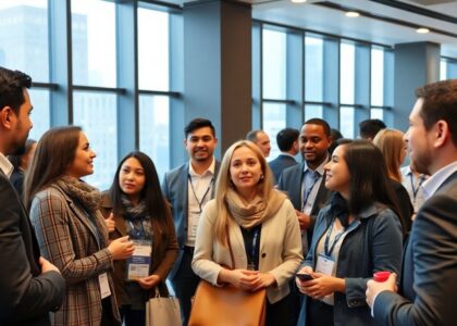 Inmigrantes conversando en un evento de networking en Canadá