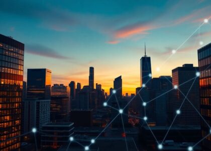 Paisaje urbano canadiense con red digital abstracta.