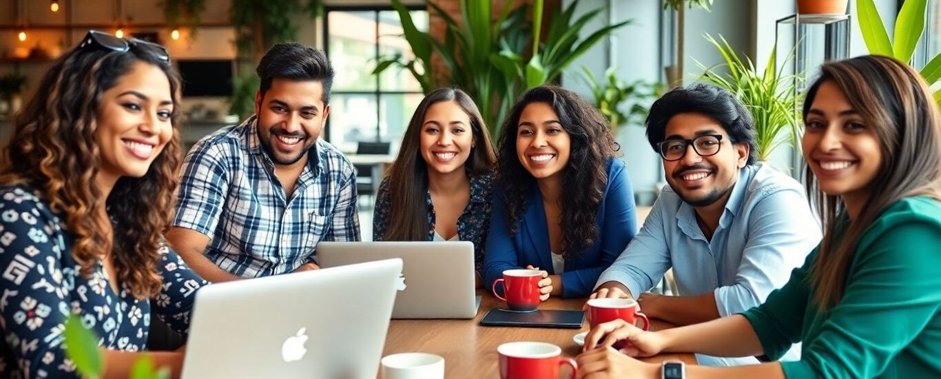 Emprendedores latinos jóvenes trabajando juntos en un café moderno