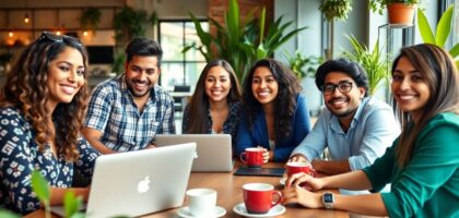 Emprendedores latinos jóvenes trabajando juntos en un café moderno