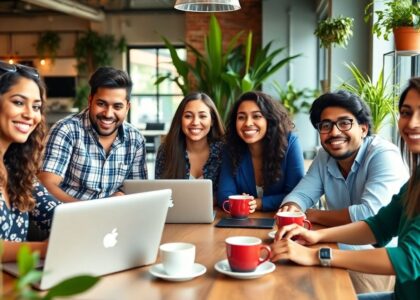 Emprendedores latinos jóvenes trabajando juntos en un café moderno