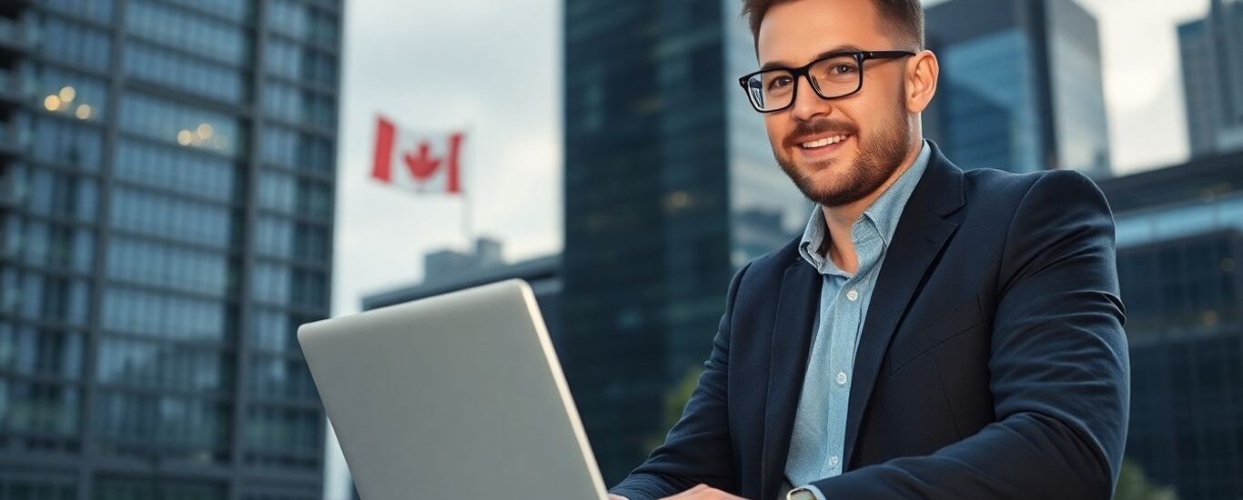 Empresario trabajando en laptop con ciudad canadiense de fondo