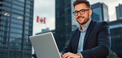 Empresario trabajando en laptop con ciudad canadiense de fondo