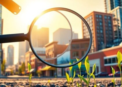 Paisaje canadiense con lupa sobre negocios pequeños.