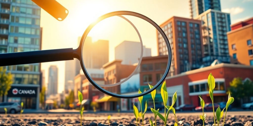 Paisaje canadiense con lupa sobre negocios pequeños.
