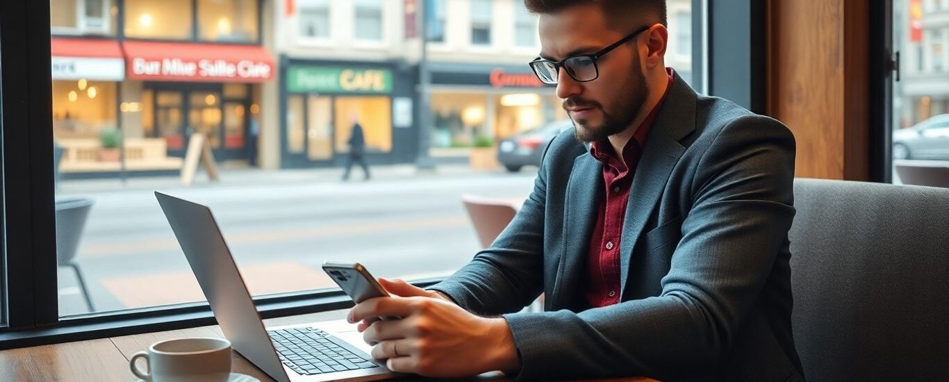 Emprendedor usando laptop en cafetería canadiense moderna