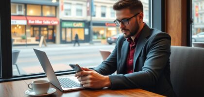 Emprendedor usando laptop en cafetería canadiense moderna