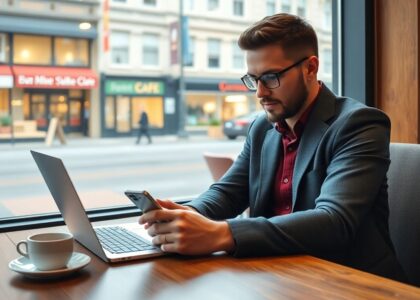 Emprendedor usando laptop en cafetería canadiense moderna